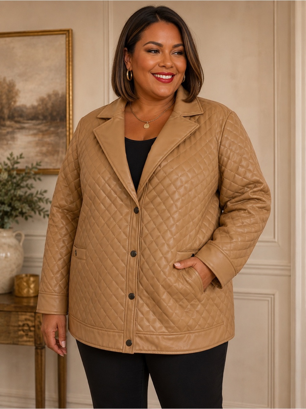 Quilted Vegan Leather Caramel Jacket - Women